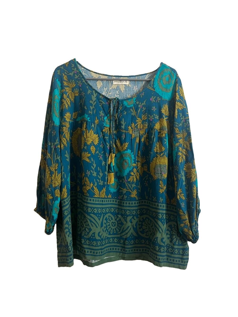 Natural Life Women XL Floral Boho Tunic Top Blue Green Rayon 3/4 Sleeve Tassel